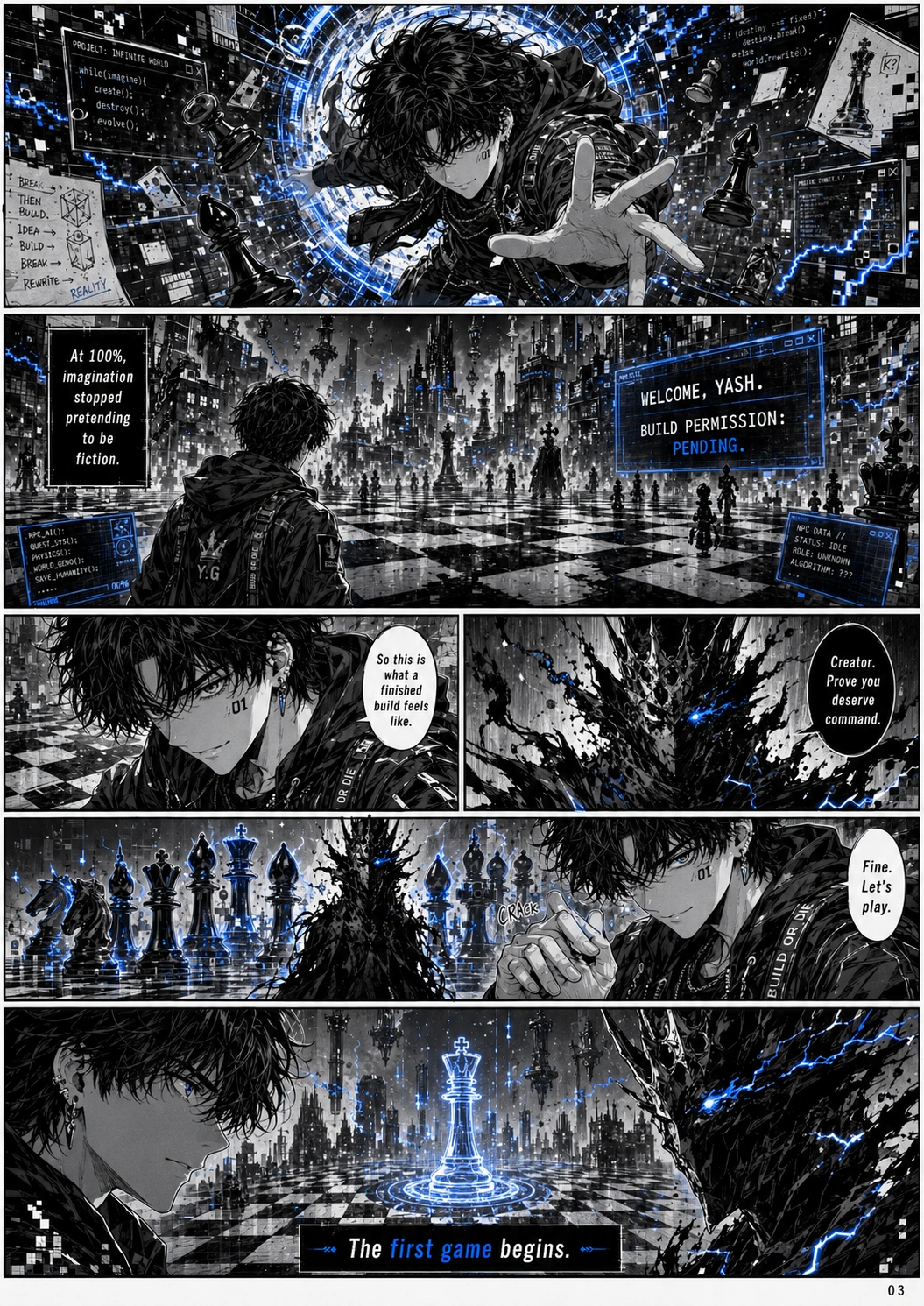 Page 3 of YASHIMAGATORU, showing Yash facing the crowned entity on an infinite chessboard.